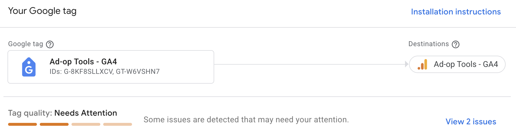 GA4 Admin Google tag panel showing the measurement ID